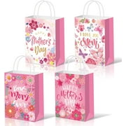 Konsait 12 Pack Mothers Day Gifts Bags, Pink Floral Mothers Days Bags with Handle, Happy Mother's Day Paper Goodie Bags, Mothers Day Party Bags